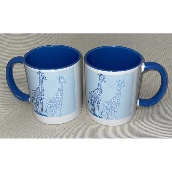 Giraffe Blue‎ & White Set Of 2 Mug Mugs Ceramic 4 Inch - Picture 2 of 5